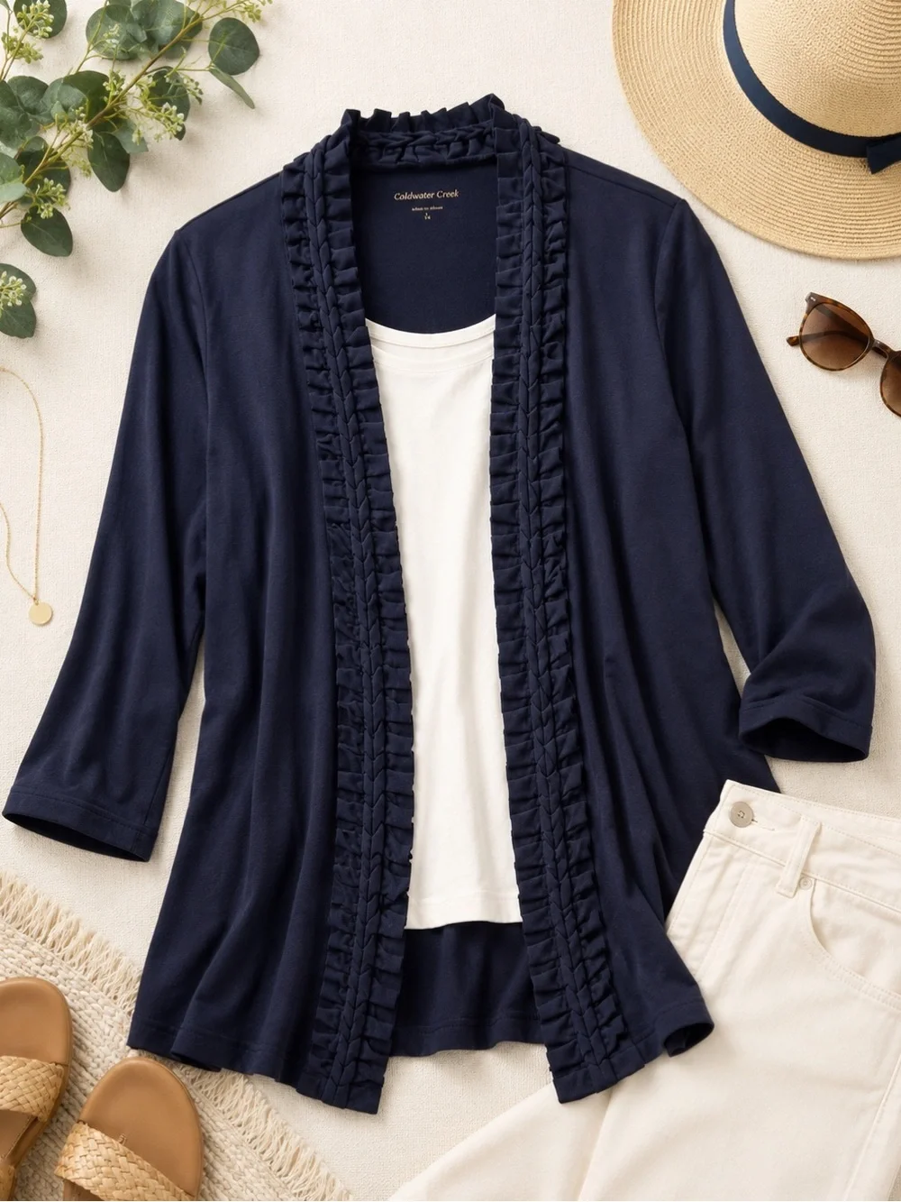 Coldwater Creek | Navy Ruffle Trim Open Front Cardigan | Women's Large 14